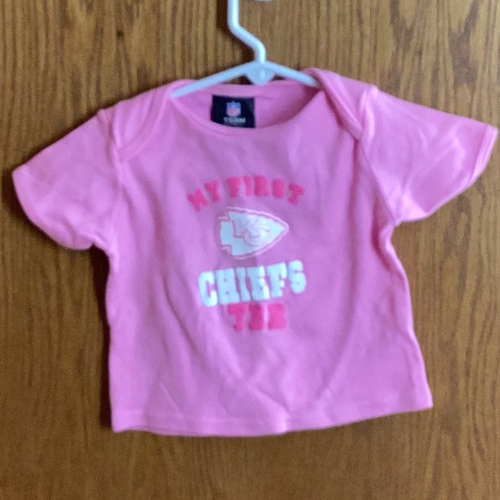 Bubblegum Pink Short Sleeve Tee with Playful Design.  Chiefs.